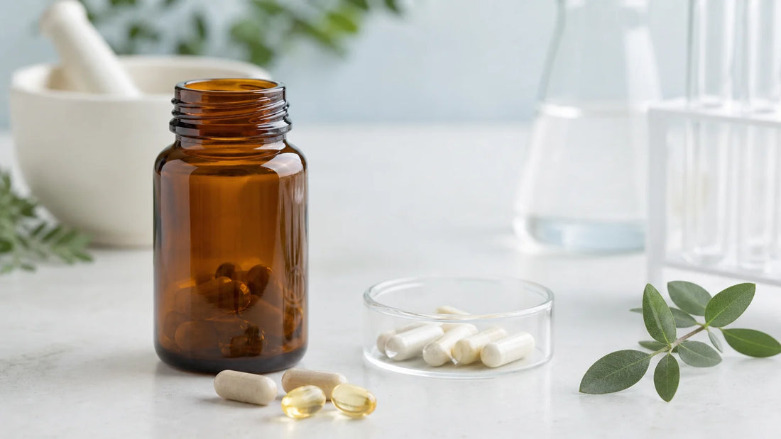 Flacon générique et capsules près d’un échantillon de laboratoire