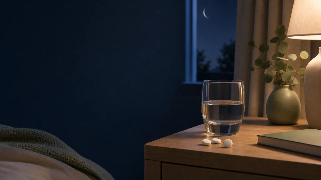 Table de chevet française avec comprimés de mélatonine sans marque et lumière douce du soir