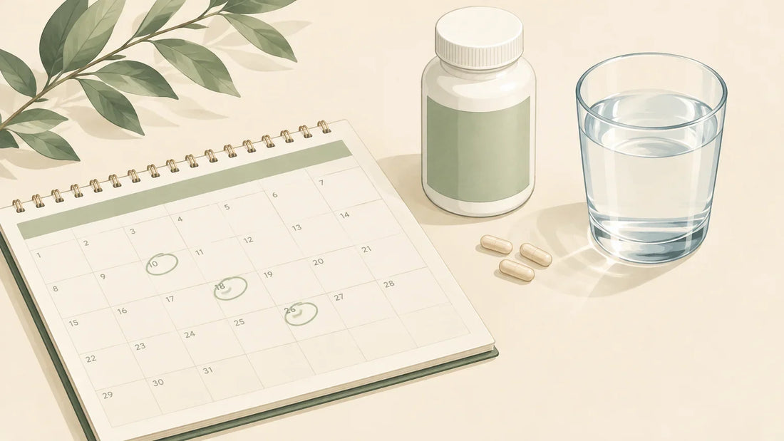 Flacon générique et calendrier pour réfléchir à la durée d’une cure