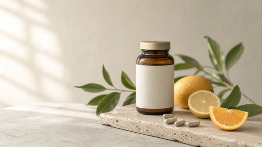 Flacon générique et agrumes évoquant les compléments alimentaires pour la peau