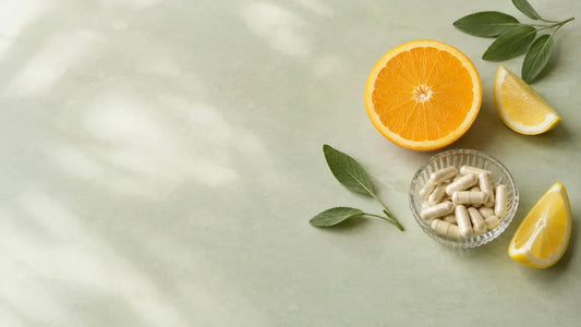 Agrumes et capsules évoquant l’association de probiotiques et de vitamine C