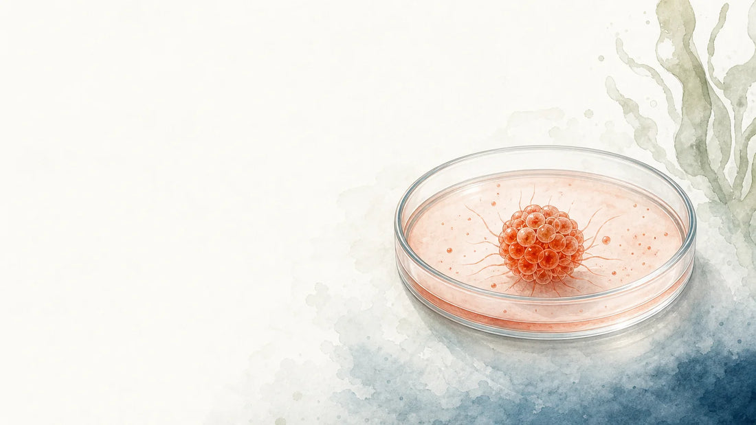 Illustration éditoriale d’une microalgue rouge orangé, source naturelle de l’astaxanthine