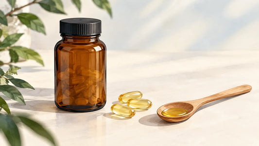 Flacon générique et capsules d’oméga-3 sur une surface claire