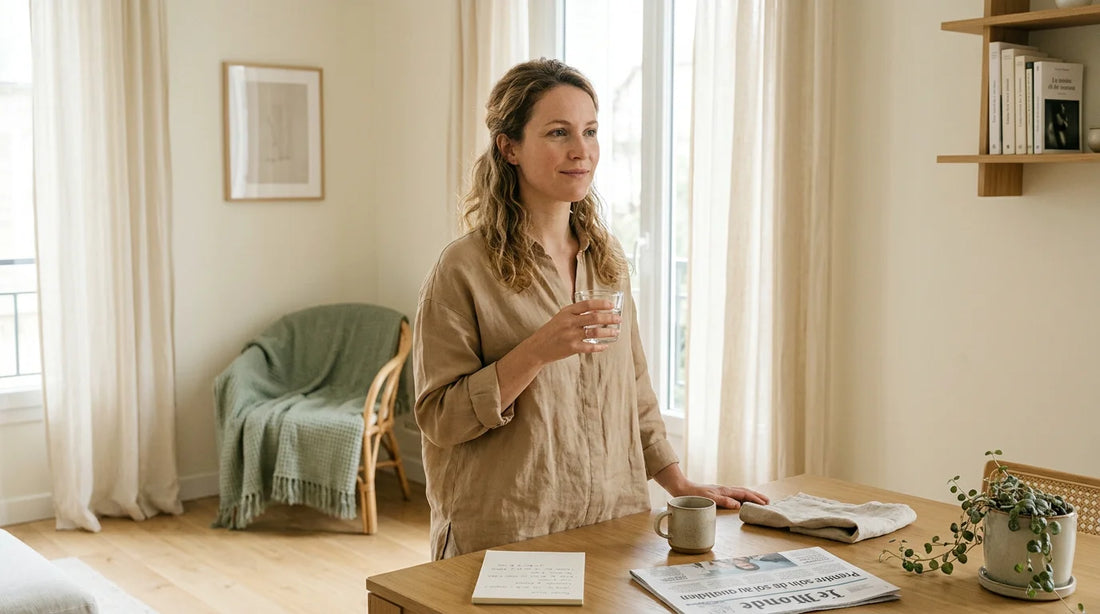 Femme sereine dans un intérieur lumineux illustrant le soutien naturel du SOPK