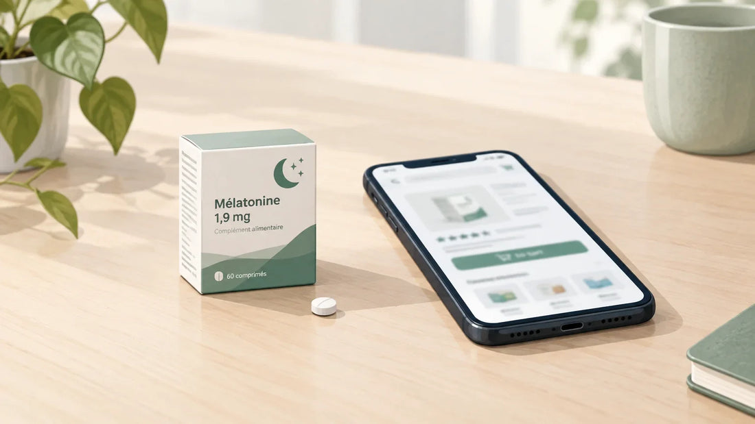 Un produit générique de mélatonine à côté d’un téléphone pour illustrer l’achat en ligne