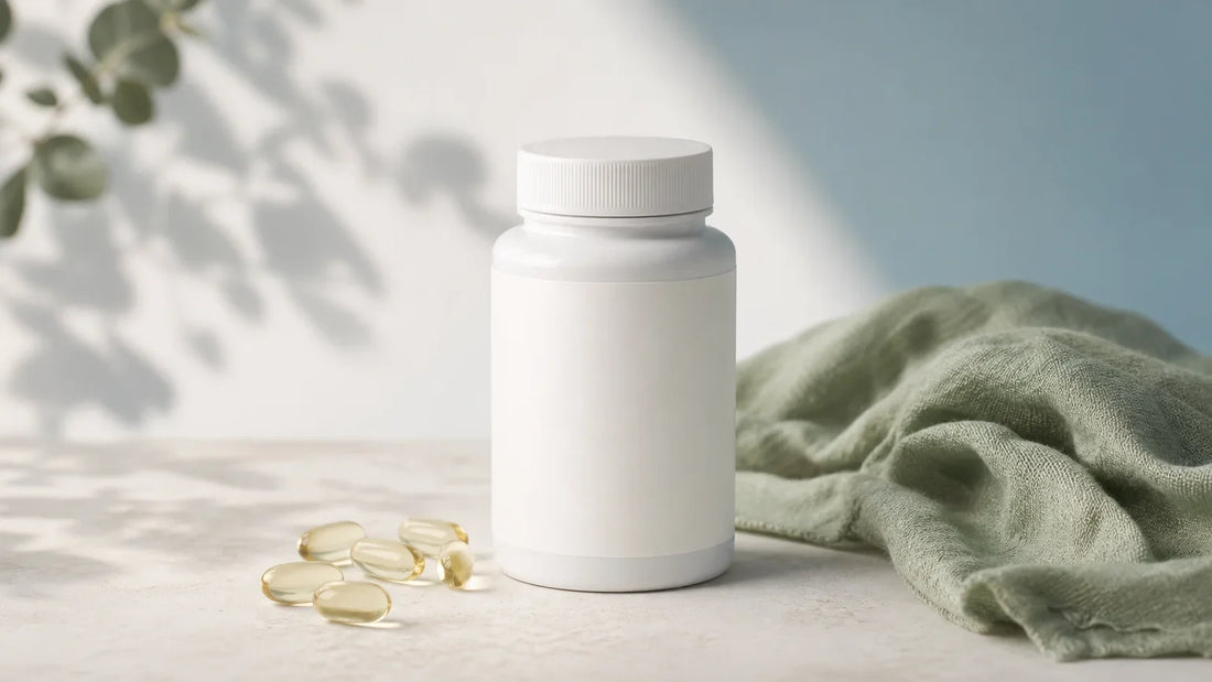 Flacon générique et capsules d’oméga-3 dans une composition éditoriale épurée