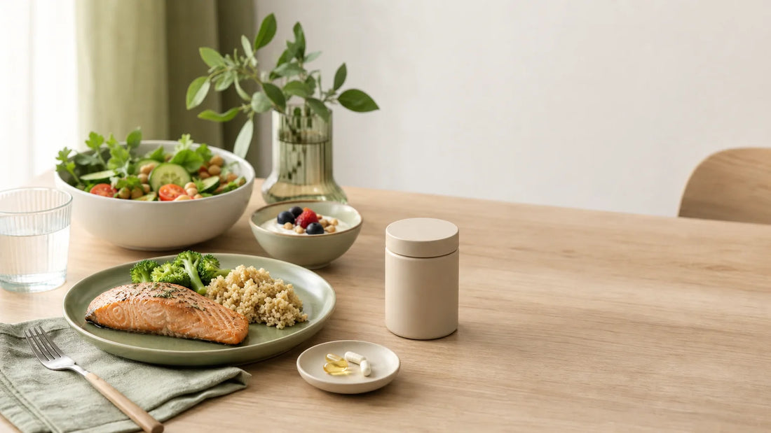 Repas varié et contenant neutre de complément alimentaire