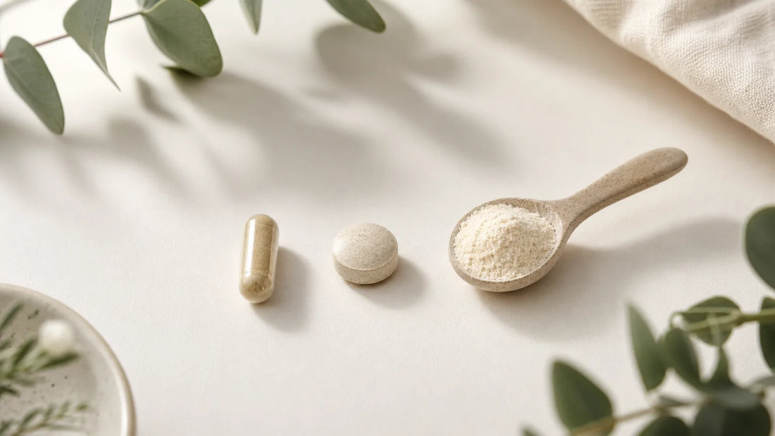 Gélule, comprimé et poudre de complément alimentaire présentés côte à côte