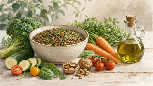 Repas varié composé de légumes, lentilles et noix