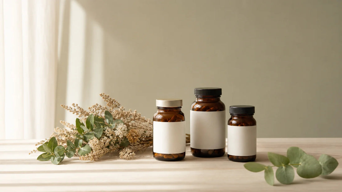 Compléments alimentaires à base de plantes présentés dans une ambiance naturelle