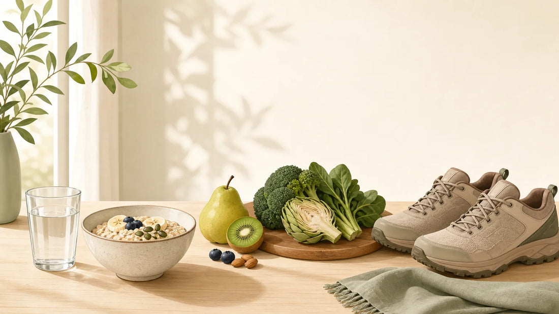 Aliments riches en fibres, verre d’eau et chaussures de marche pour soutenir le transit