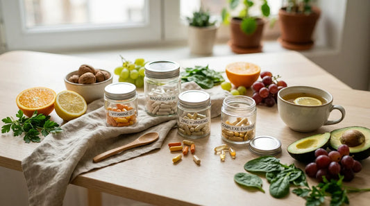 Compléments multivitaminés entourés de fruits et légumes frais sur une table claire
