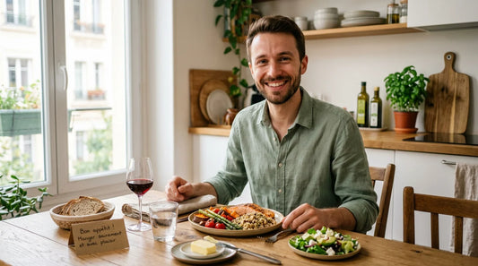 Homme européen mince attablé devant un repas équilibré pour prendre du poids sainement