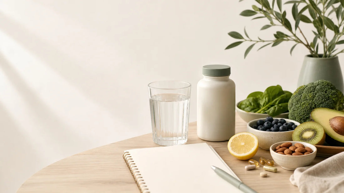 Table lumineuse avec aliments variés et complément alimentaire générique pour accompagner l’énergie
