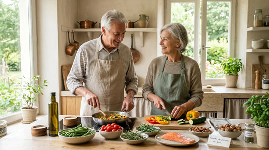 Couple de seniors européens préparant un repas sain dans leur cuisine