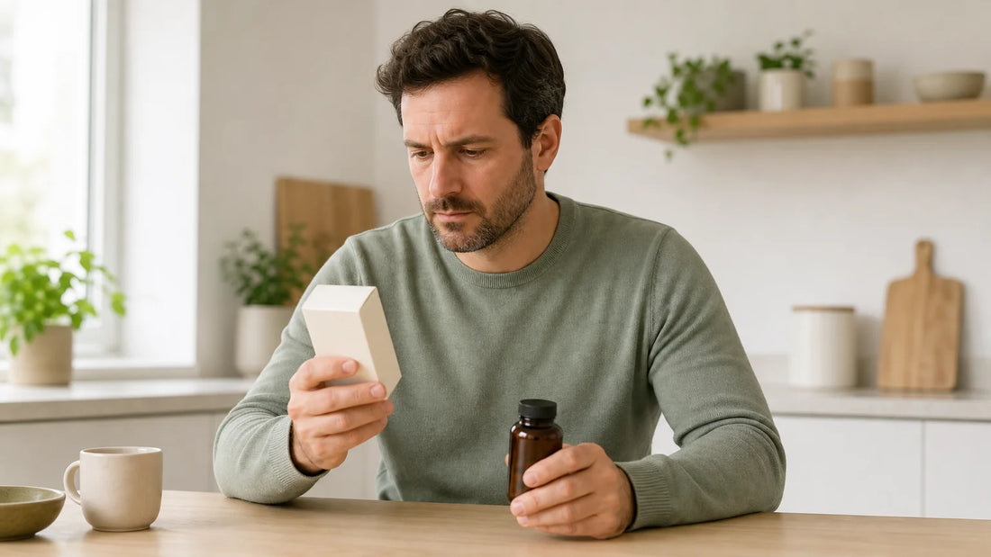 Une personne compare une étiquette de probiotiques dans un intérieur lumineux en France