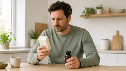 Une personne compare une étiquette de probiotiques dans un intérieur lumineux en France