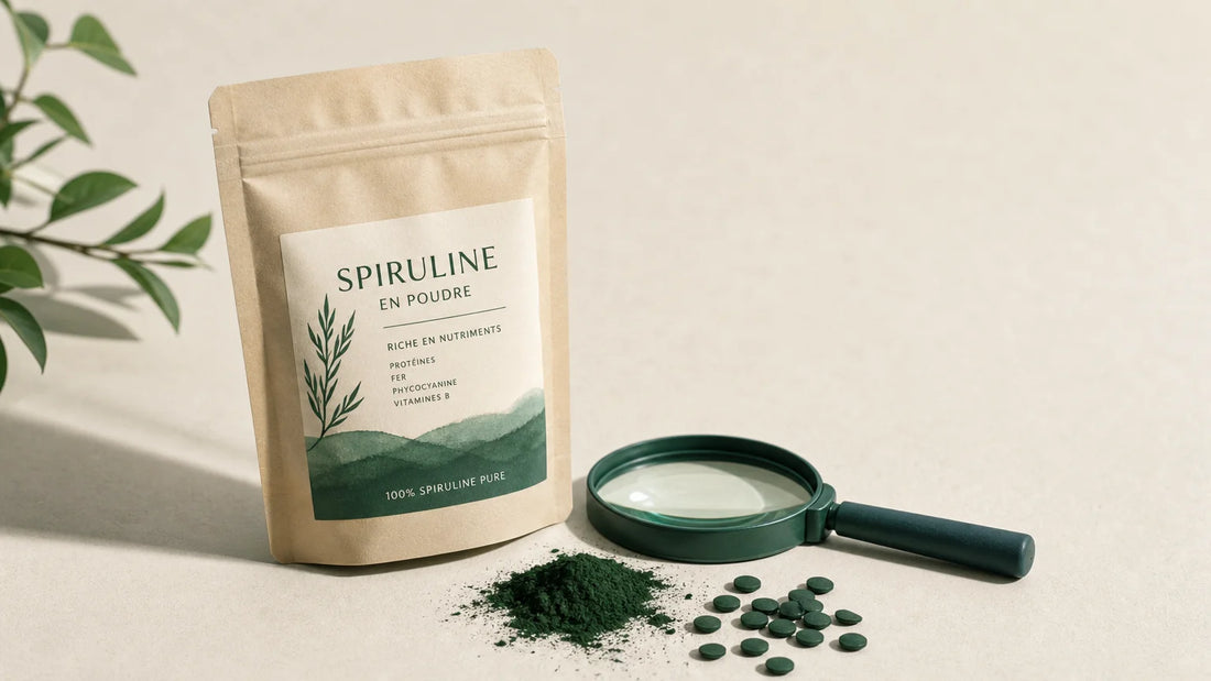 Loupe examinant un sachet neutre de spiruline et des paillettes vertes