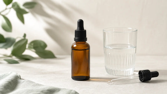 Flacon générique de complément alimentaire liquide avec pipette et verre d’eau