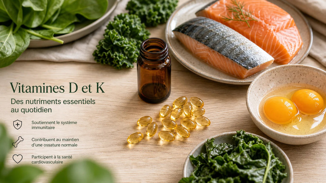 Gélules de vitamine D3 et K2 entourées de sources naturelles de vitamines