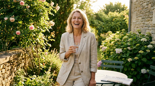 Femme européenne épanouie dans un jardin, symbolisant le bien-être pendant la ménopause
