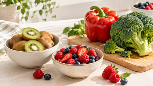 Assortiment de fruits et légumes frais sur une table claire
