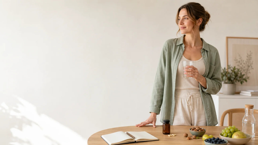 Femme européenne préparant une routine de compléments alimentaires dans un intérieur lumineux