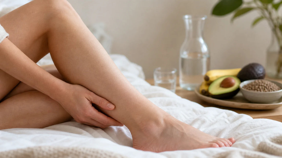 Jambe touchée par une crampe nocturne avec aliments riches en potassium