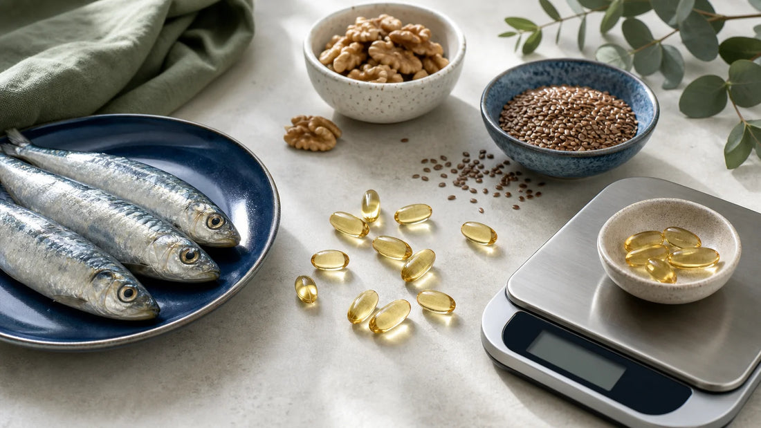 Capsules et aliments riches en oméga 3 illustrant la concentration en EPA et DHA