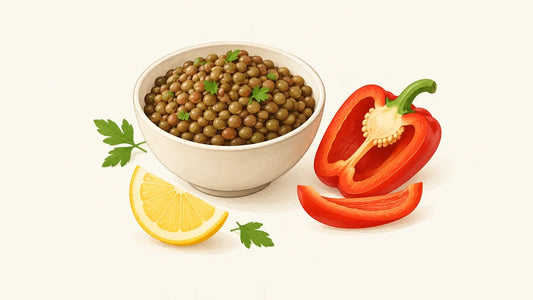 Lentilles, poivron rouge et citron pour illustrer l’association de vitamine C et de fer végétal