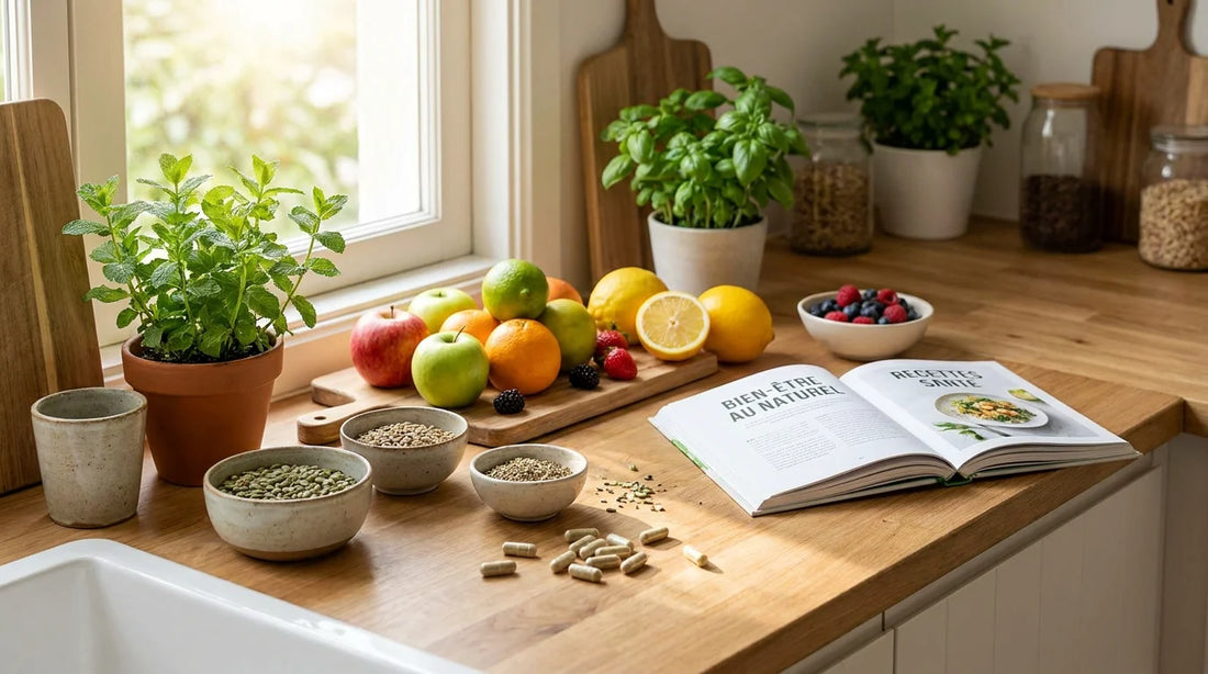 Ingrédients naturels et compléments alimentaires sur un plan de travail lumineux