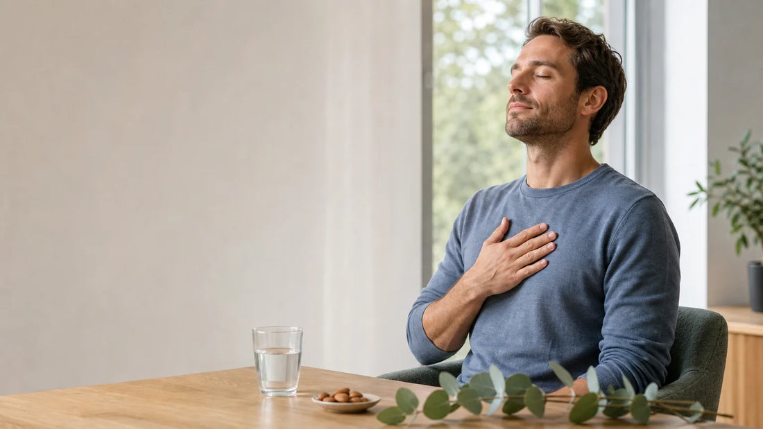 Adulte européen respirant calmement dans un intérieur lumineux pour illustrer la gestion du stress et du cortisol