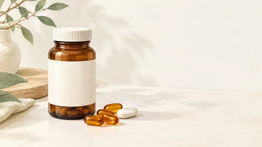Capsules d’oméga-3 et comprimé de magnésium présentés sobrement