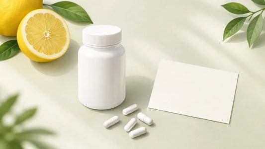 Flacon neutre et citron pour évoquer l’achat d’un complément de vitamine C