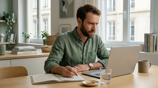 Homme concentré à son bureau avec un complément alimentaire à proximité