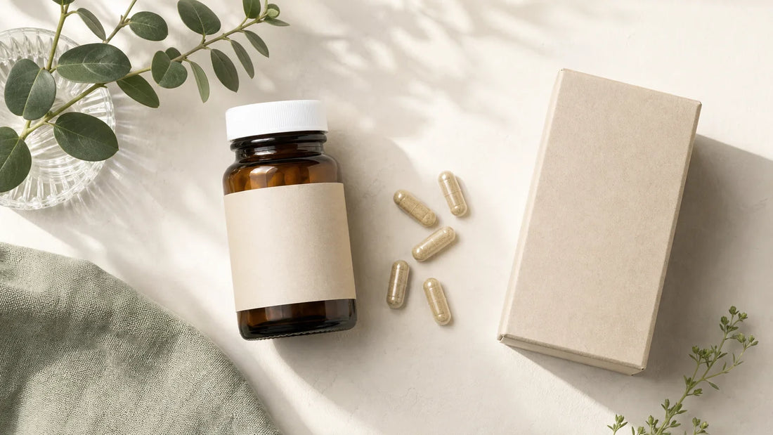 Flacon générique de complément alimentaire et capsules sur un fond clair