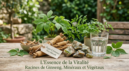 Plantes toniques et minéraux naturels évoquant l'énergie et l'endurance