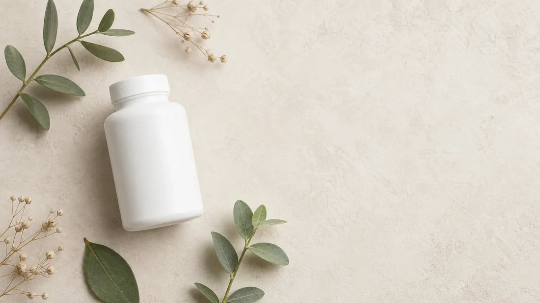 Flacon générique et plantes illustrant le choix d’un complément alimentaire bio