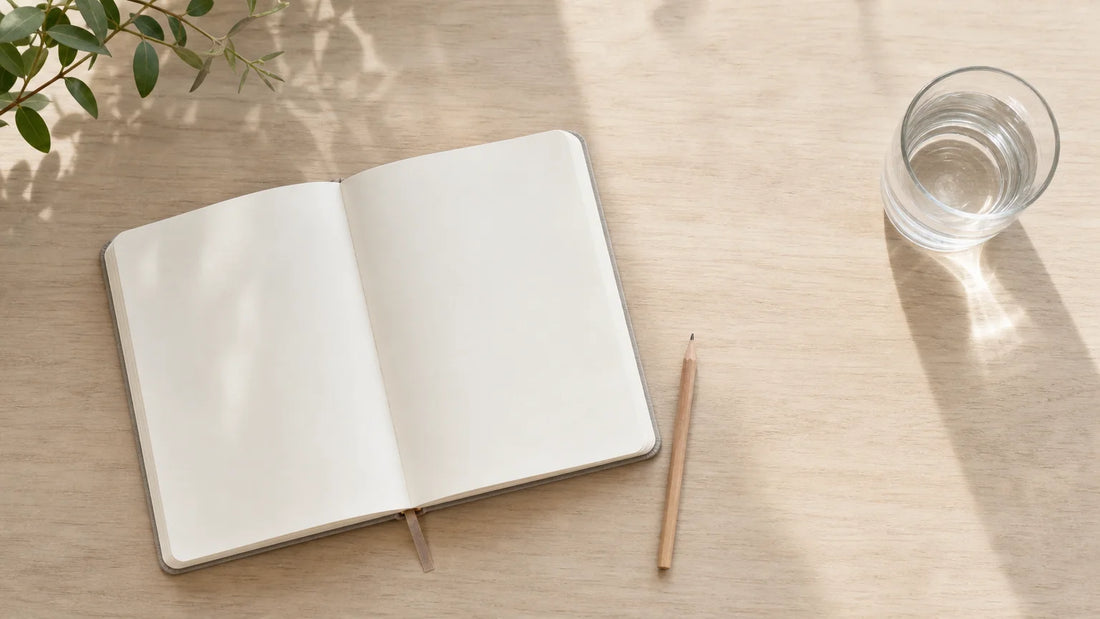 Carnet et verre d’eau sur une table, évoquant une réflexion attentive sur les compléments