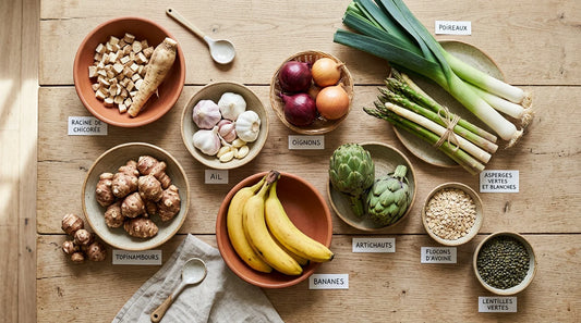 Vue de dessus d'aliments riches en prébiotiques sur une table en bois