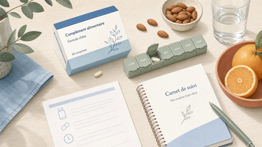 Médicaments, aliments et compléments alimentaires réunis autour d’un carnet de suivi