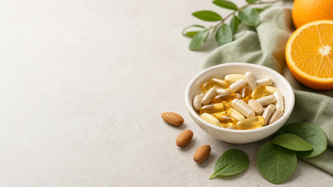 Gélules de vitamines et aliments frais sur une composition naturelle