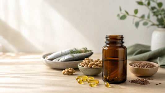 Flacon neutre de capsules d’oméga 3 présenté avec des ingrédients alimentaires pour illustrer le choix d’une formule.