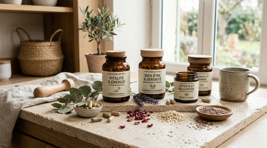 Sélection de compléments alimentaires naturels et plantes sur une surface claire