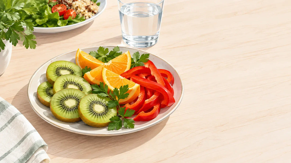Fruits et légumes sources de vitamine C disposés sur une table claire