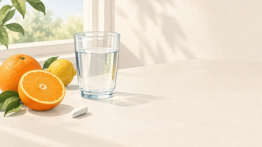 Gélule et verre d’eau dans une routine quotidienne de vitamine C