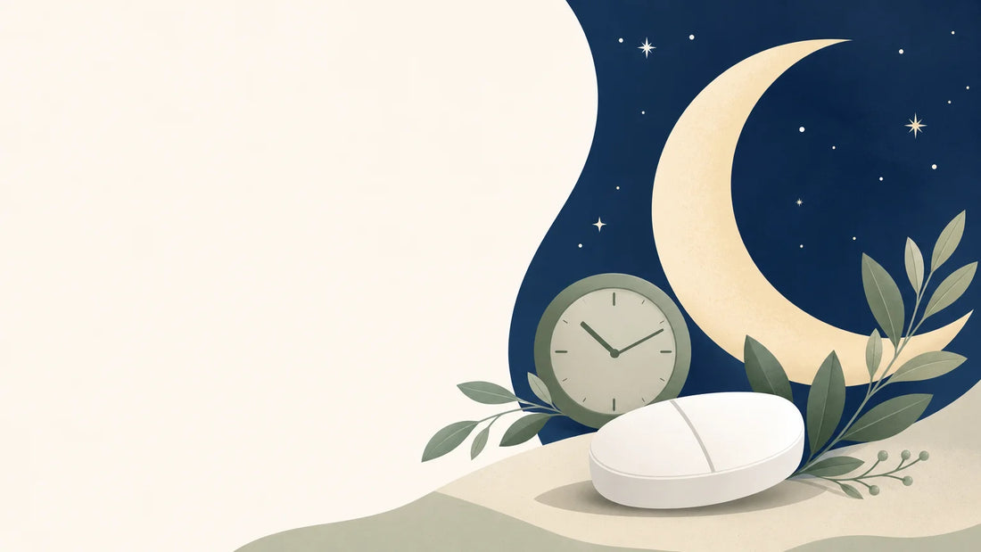 Illustration d’un comprimé de mélatonine près d’une lune et d’une horloge