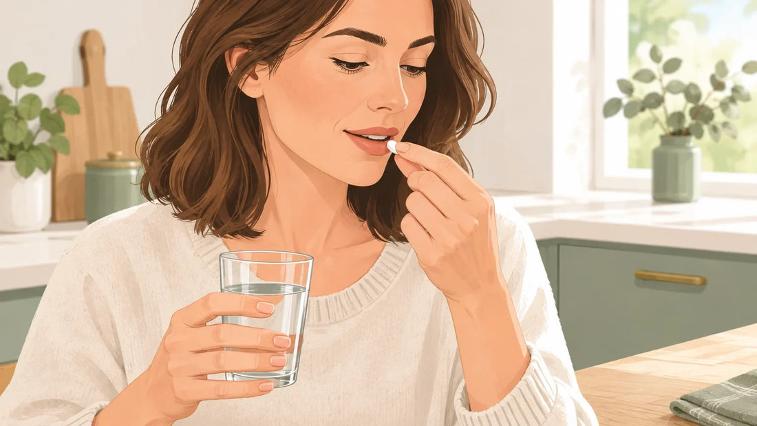 Prise d’un comprimé avec un verre d’eau dans un cadre quotidien