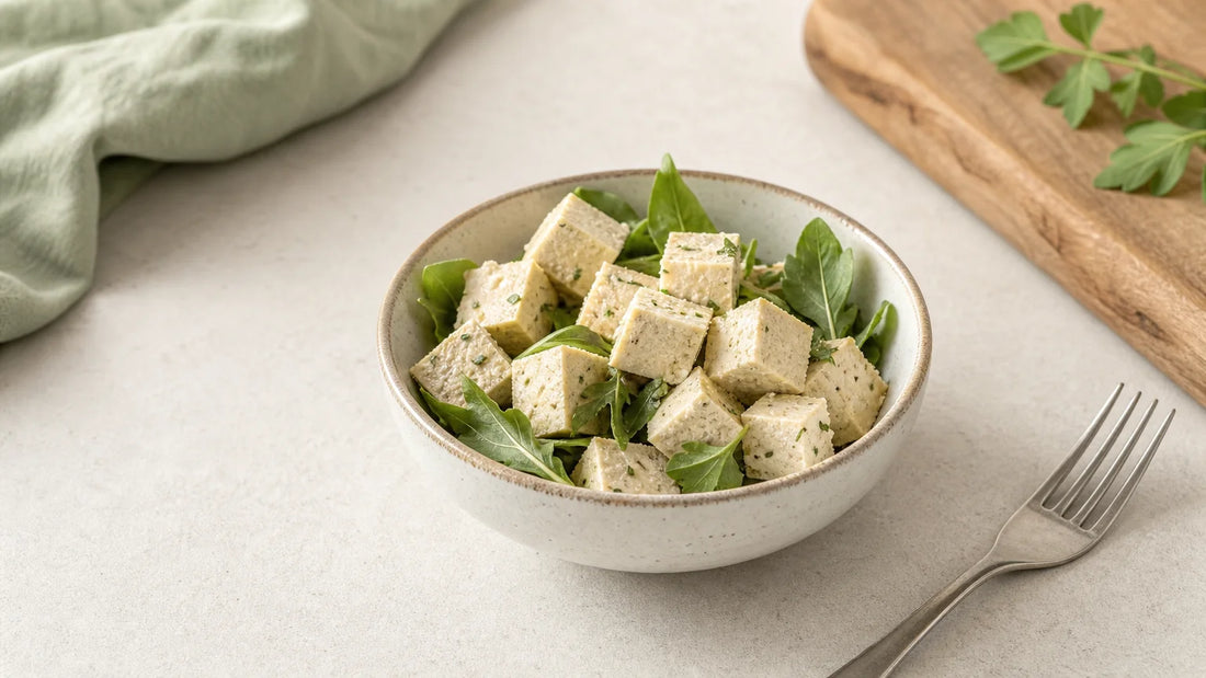 Bol de tofu lactofermenté avec des feuilles vertes