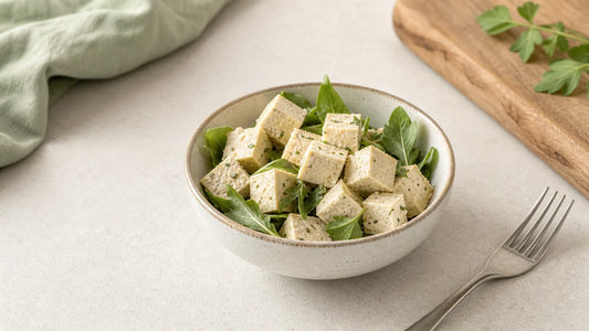 Bol de tofu lactofermenté avec des feuilles vertes